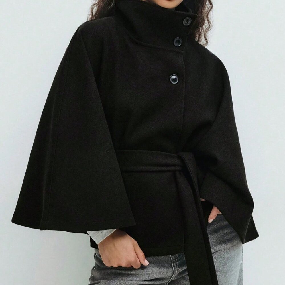 Black Elegant Women's Cloak With Stand Collar, Button Closure And Belt